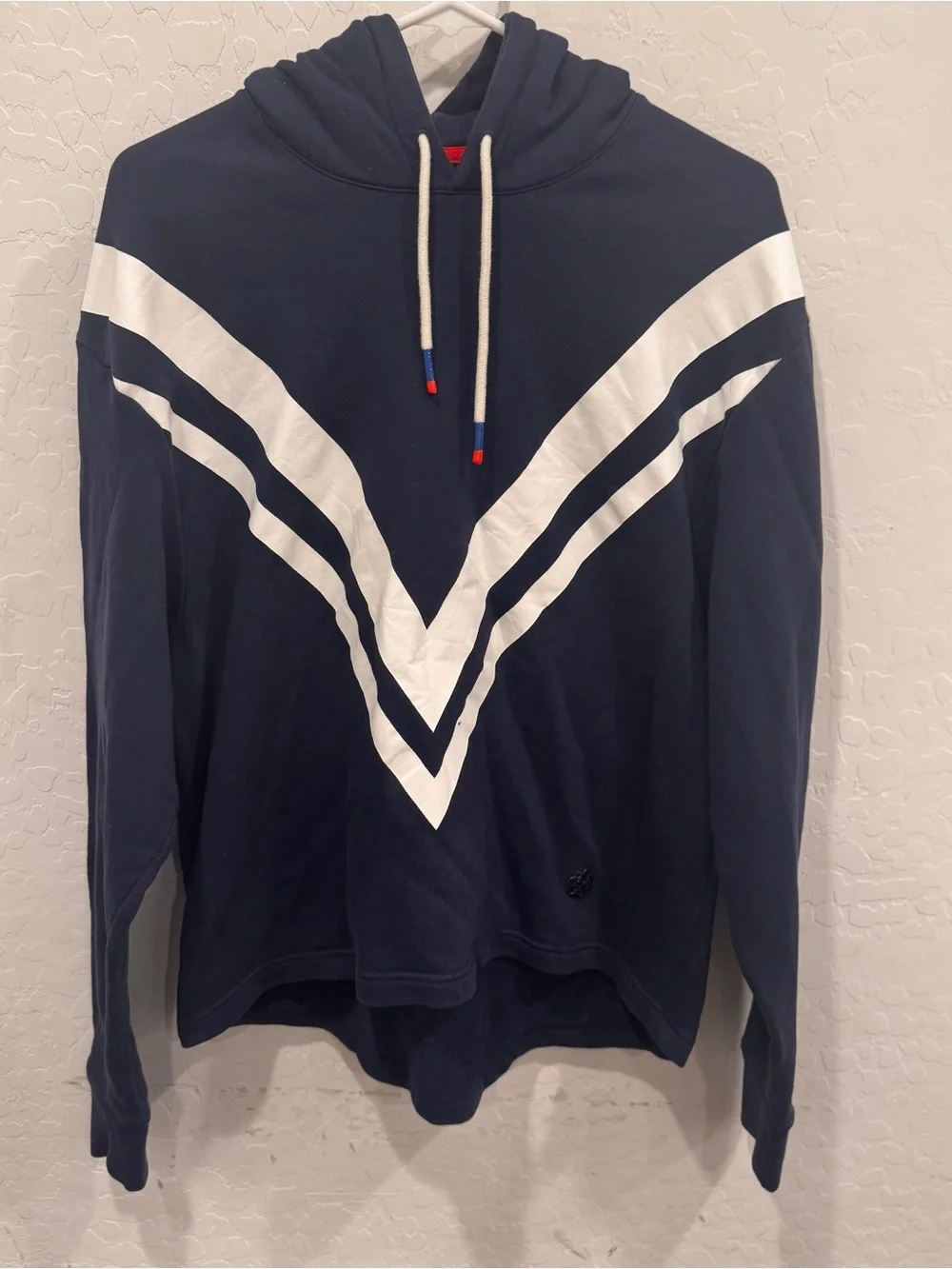 Tory Burch Sport Navy Hoodie Sweater Womens Small White Chevron Stripes